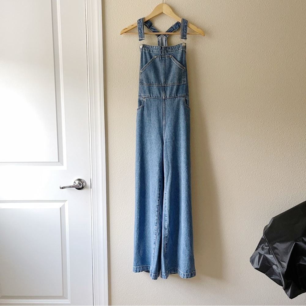 Mango Wide Leg Denim Dungarees Overalls Medium Light Wash - Size S